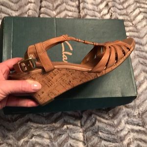 Clark’s tan leather sandals with ankle strap